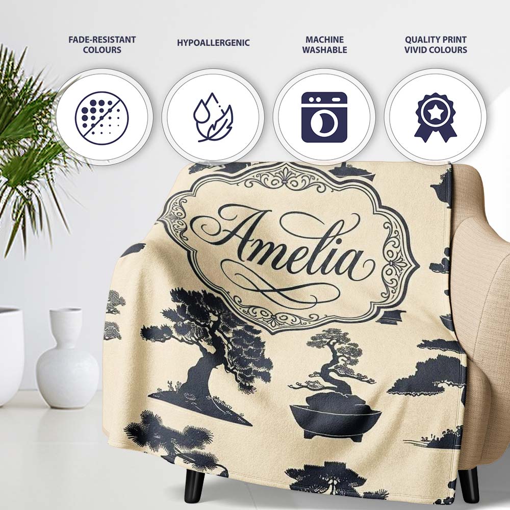 Japanese Bonsai Tree Silhouettes in Pots on Beige Background Lovely Personalised Custom Name Super Soft Fleece Blanket Bed Sofa Throw