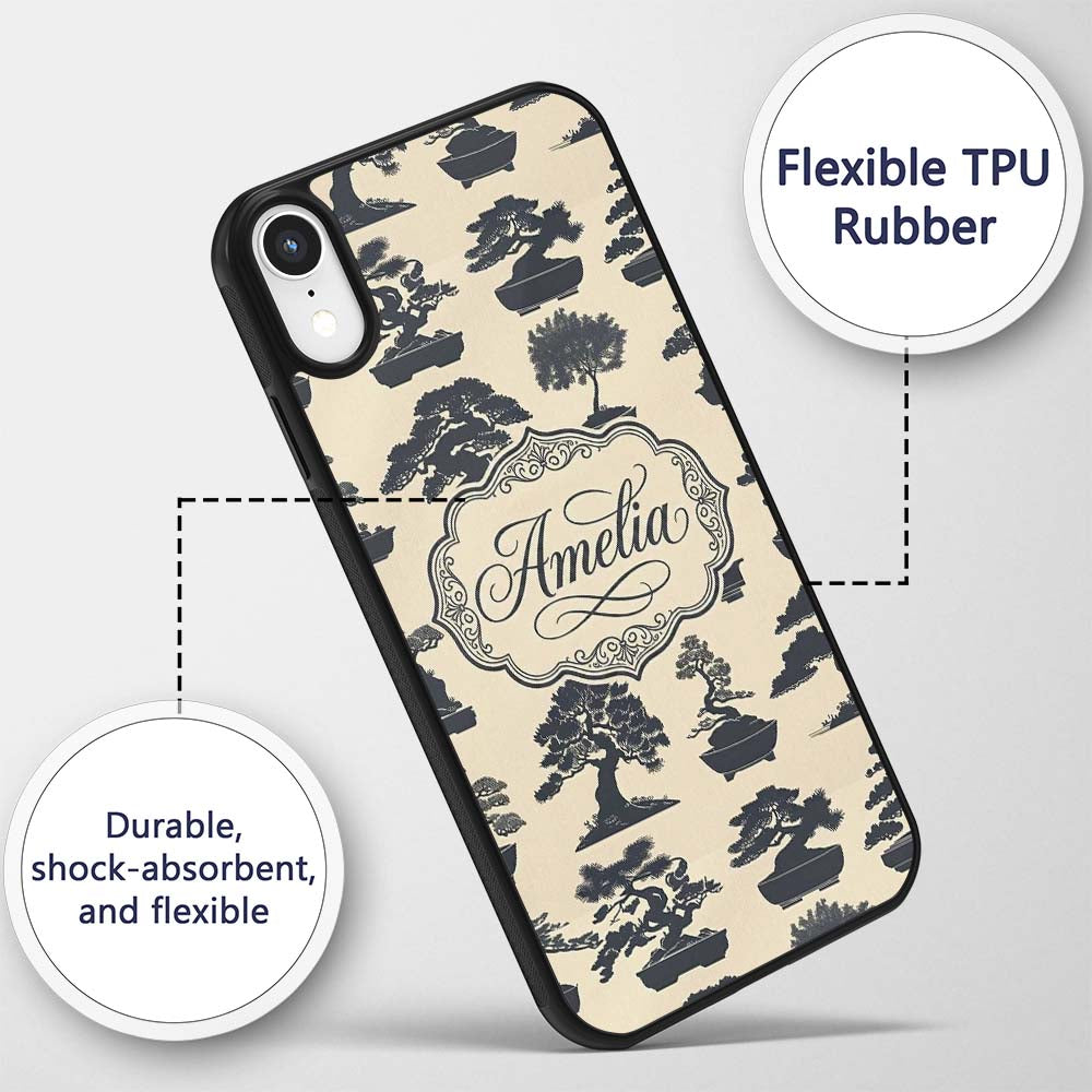 Japanese Bonsai Tree Silhouettes in Pots on Beige Custom Name Protective Phone Case Mobile Cover Durable Everyday Smartphone Shock Resistant