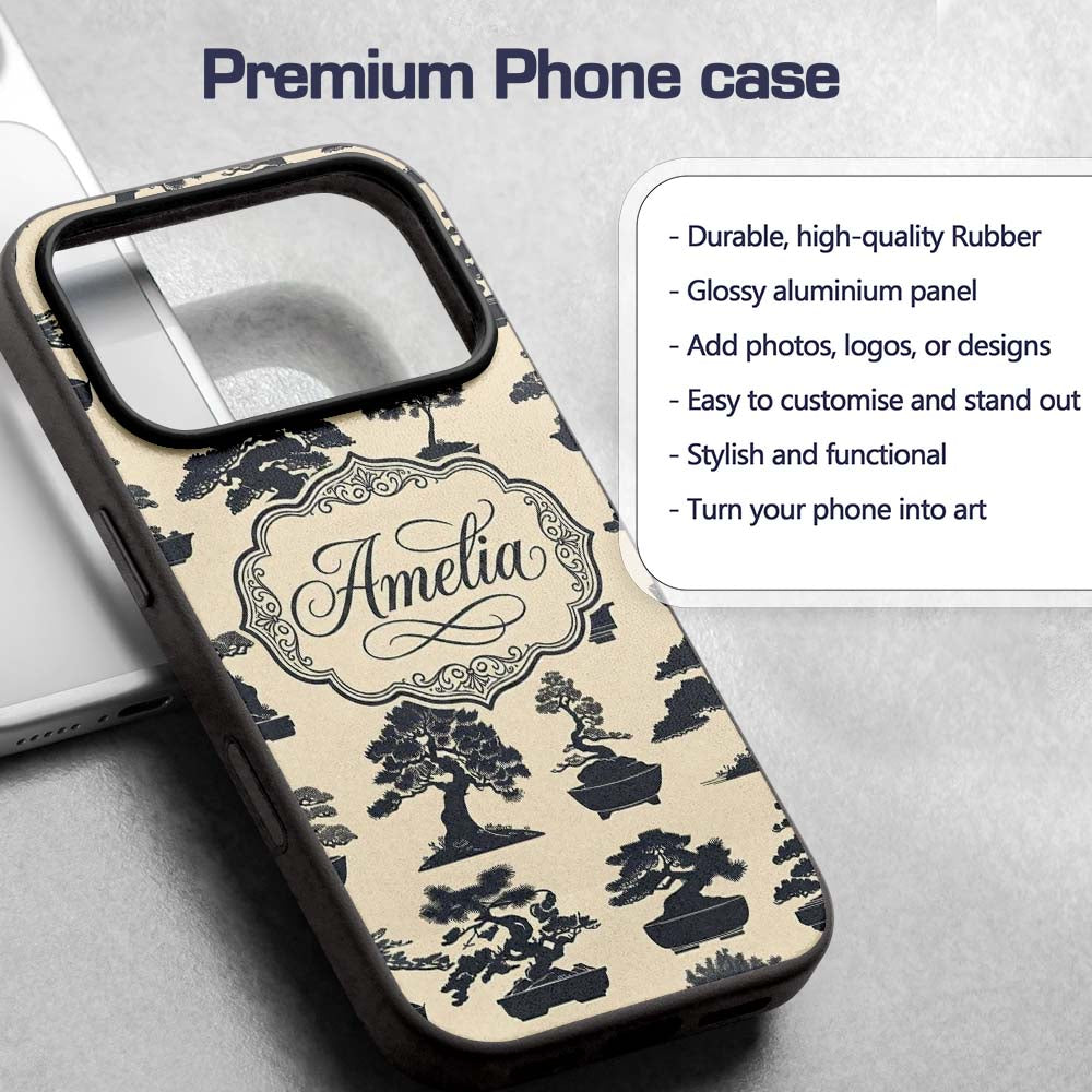 Japanese Bonsai Tree Silhouettes in Pots on Beige Custom Name Protective Phone Case Mobile Cover Durable Everyday Smartphone Shock Resistant