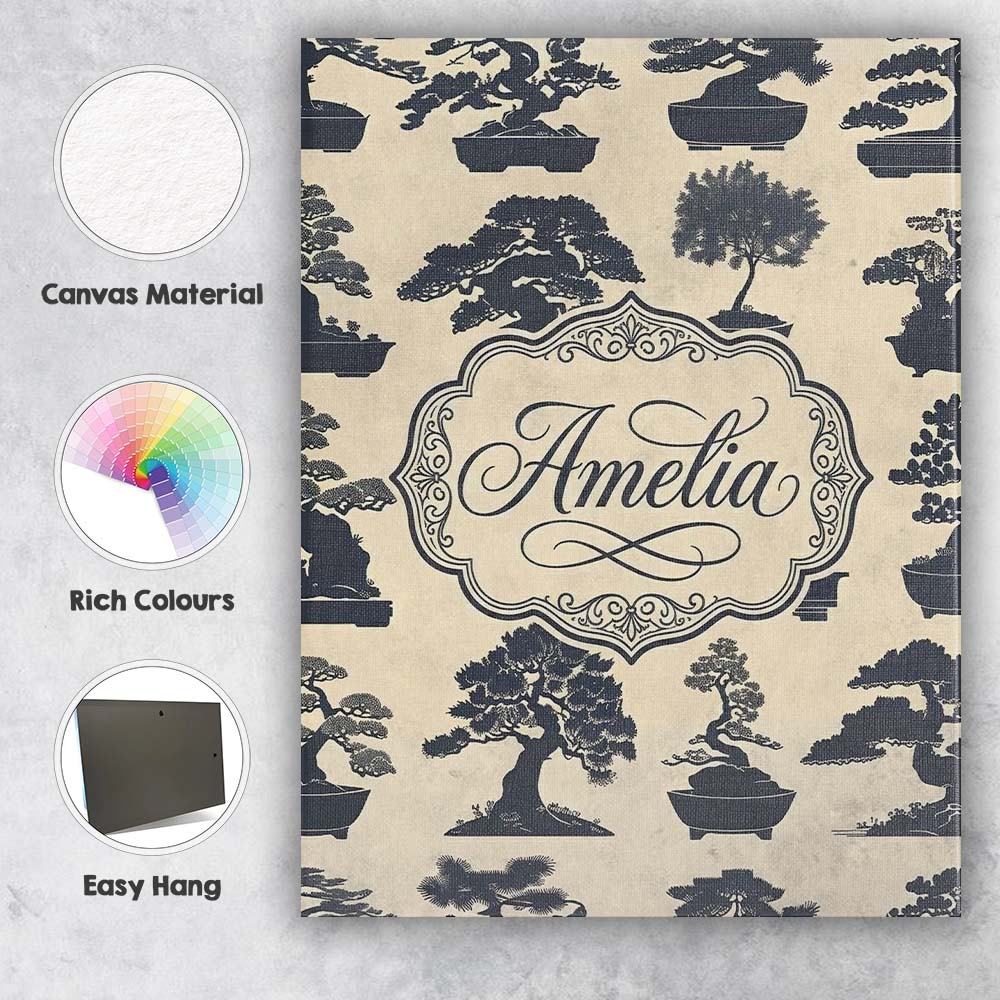 Personalised Name Japanese Bonsai Tree Custom Modern Room Accent Elegant Feature Canvas Wall Art Print Decor Picture Ready to Hang