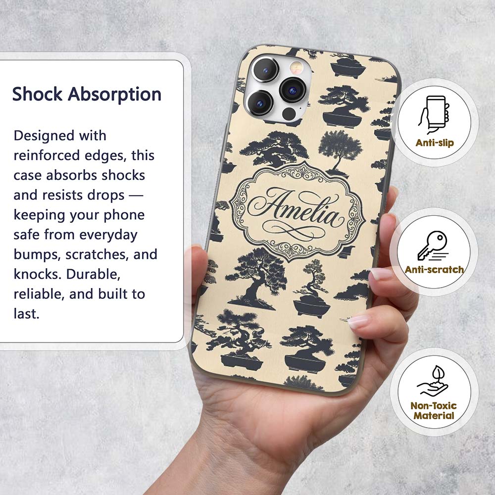 Japanese Bonsai Tree Silhouettes in Pots on Beige Custom Name Protective Phone Case Mobile Cover Durable Everyday Smartphone Shock Resistant