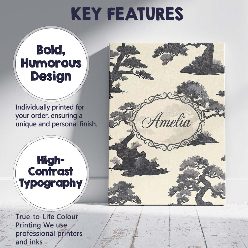 Personalised Name Elegant Bonsai Trees on Custom Bespoke Decorative Contemporary Canvas Wall Art Print Decor Picture Ready to Hang