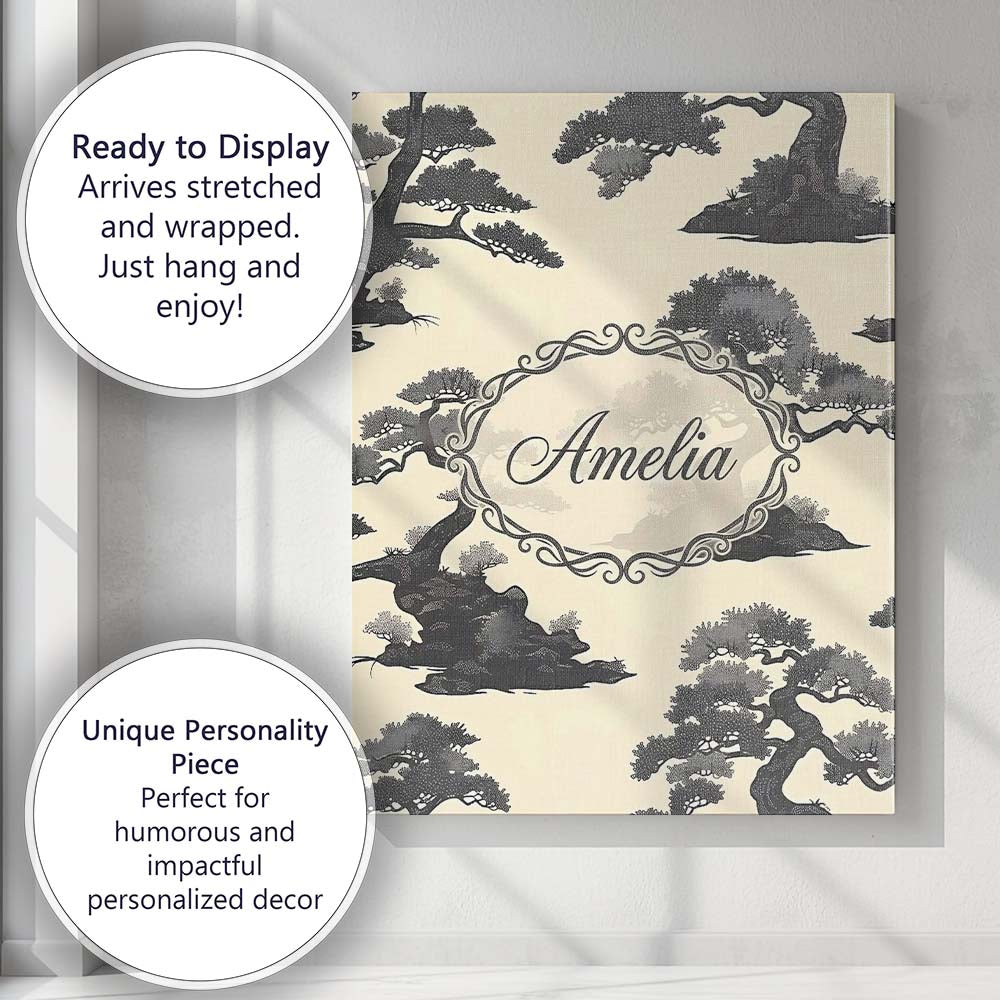 Personalised Name Elegant Bonsai Trees on Custom Bespoke Decorative Contemporary Canvas Wall Art Print Decor Picture Ready to Hang