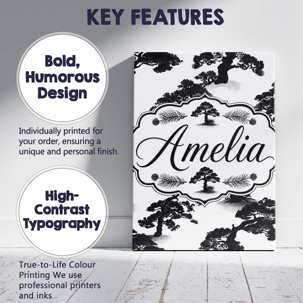 Personalised Name Bold Black Bonsai Tree Custom Unique Gift Idea Elegant Feature Canvas Wall Art Print Decor Picture Ready to Hang