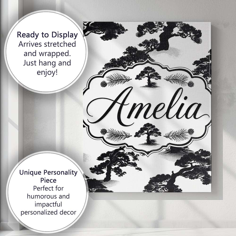Personalised Name Bold Black Bonsai Tree Custom Unique Gift Idea Elegant Feature Canvas Wall Art Print Decor Picture Ready to Hang
