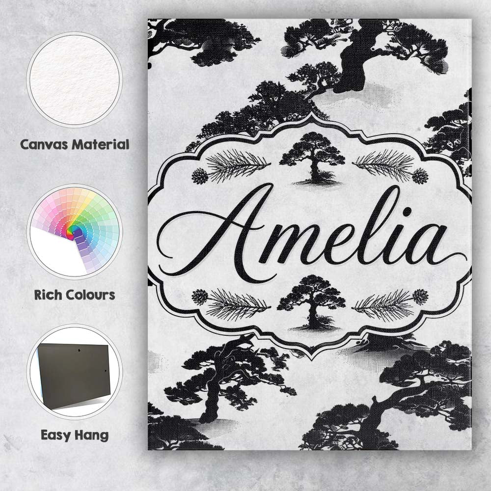 Personalised Name Bold Black Bonsai Tree Custom Unique Gift Idea Elegant Feature Canvas Wall Art Print Decor Picture Ready to Hang