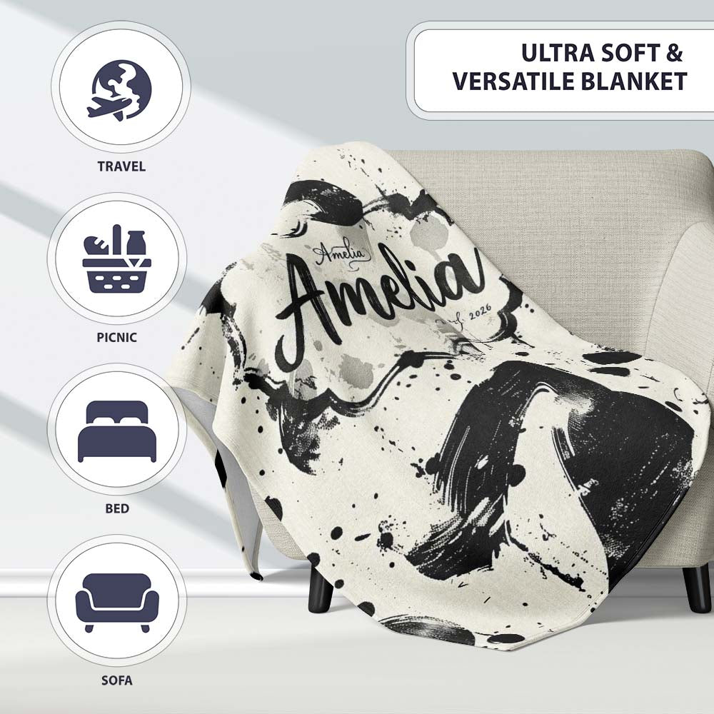 Expressive Black Ink Calligraphy Brush Marks on Neutral Background Personalised Custom Name Super Soft Fleece Blanket Bed Sofa Throw