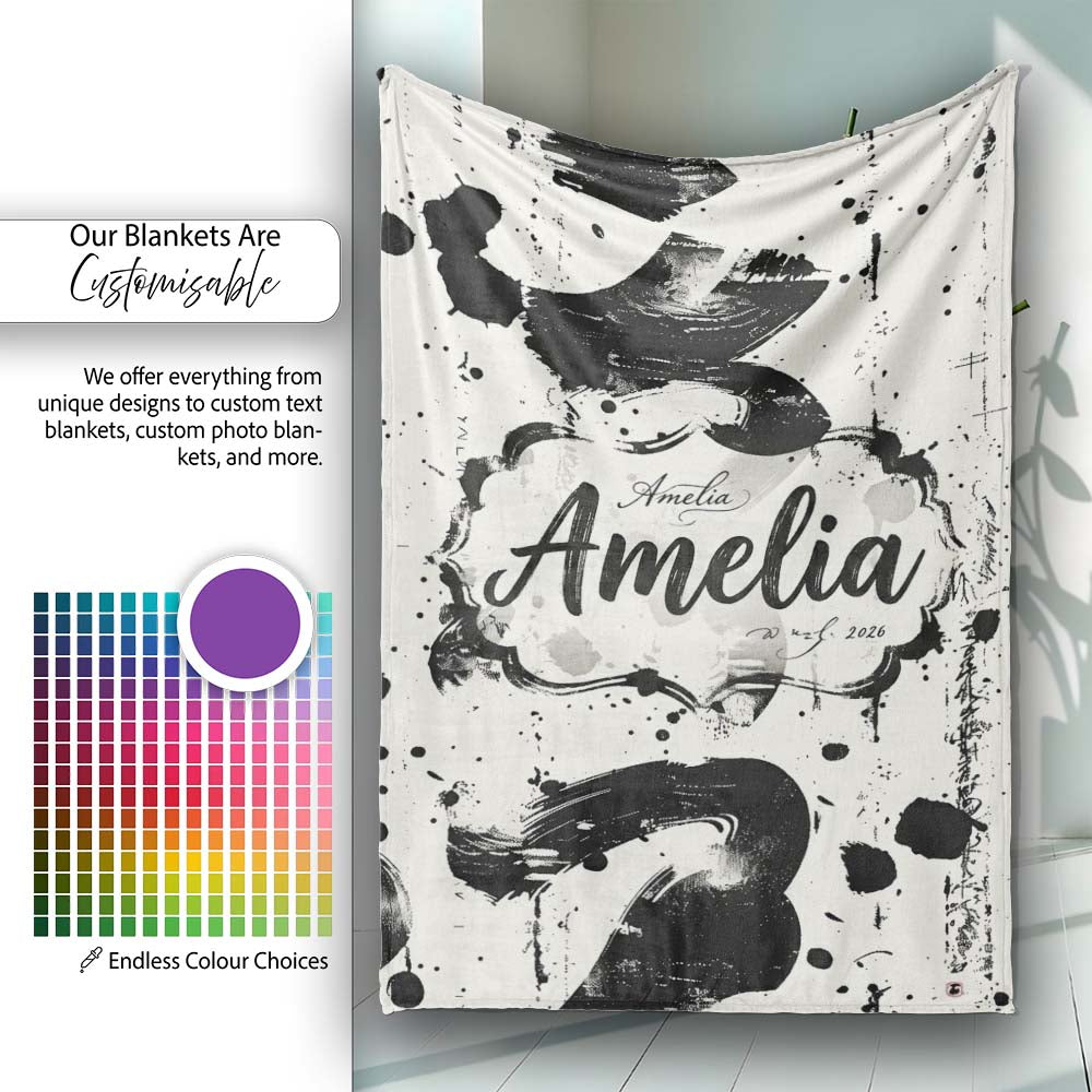 Expressive Black Ink Calligraphy Brush Marks on Neutral Background Personalised Custom Name Super Soft Fleece Blanket Bed Sofa Throw