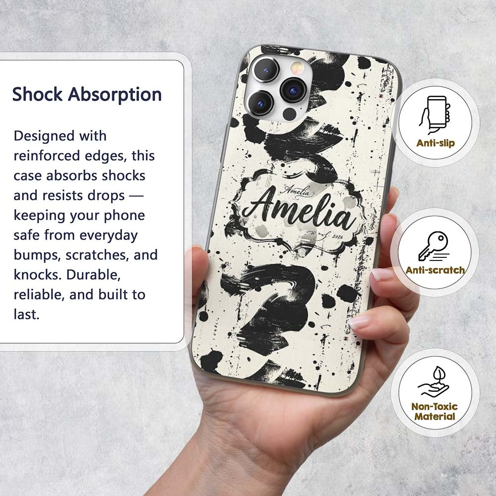 Expressive Black Ink Calligraphy Brush Marks on Custom Name Protective Phone Case Mobile Cover Durable Everyday Smartphone Shock Resistant