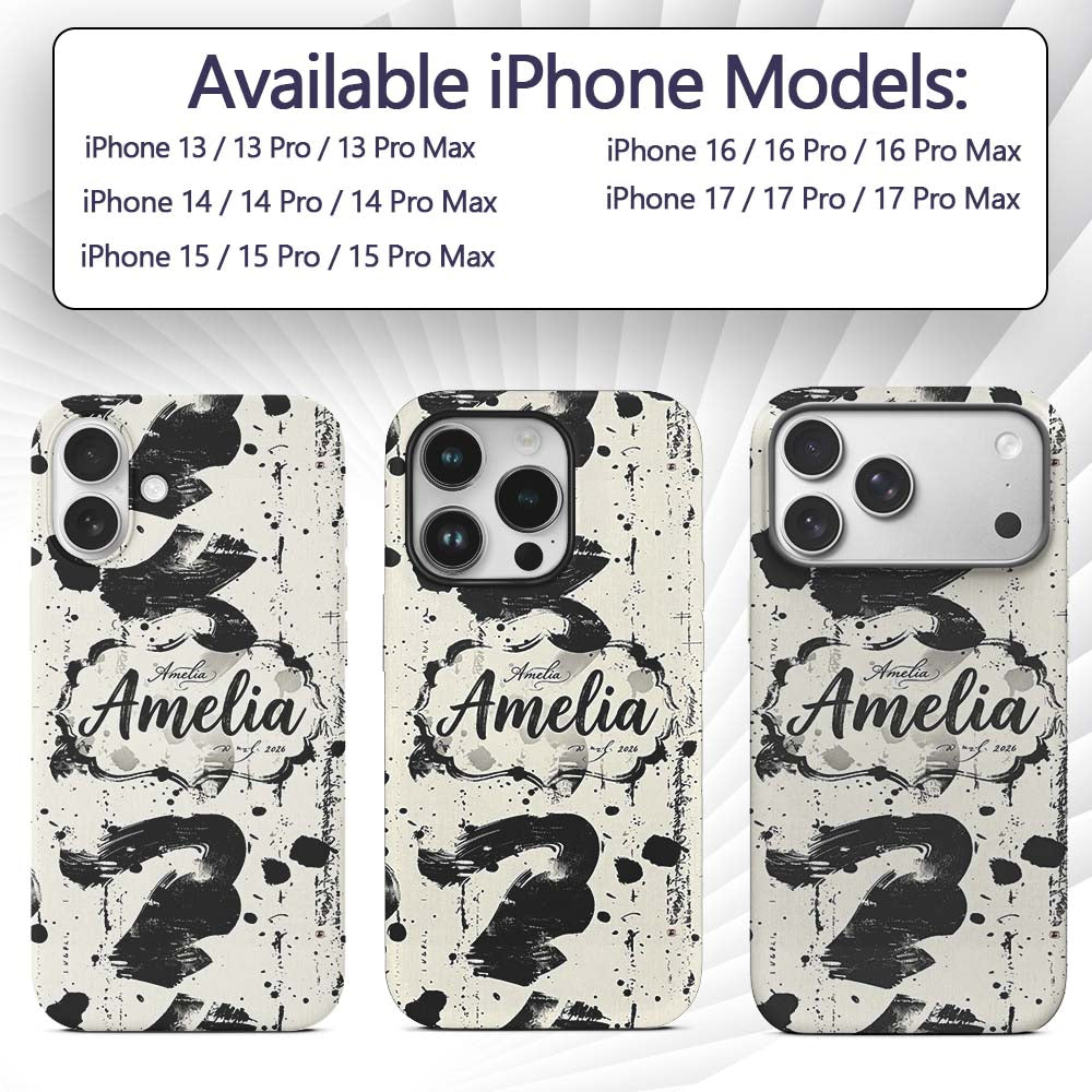 Expressive Black Ink Calligraphy Brush Marks on Custom Name Protective Phone Case Mobile Cover Durable Everyday Smartphone Shock Resistant
