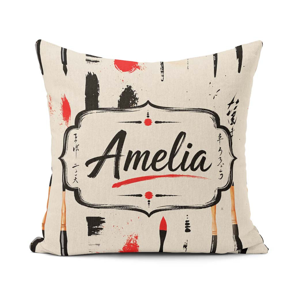 Custom Name Traditional Japanese Tools and Brush Strokes Layout Square Filled Cushion Throw Pillow Sofa Bed Home Decor Zip Washable UK Made
