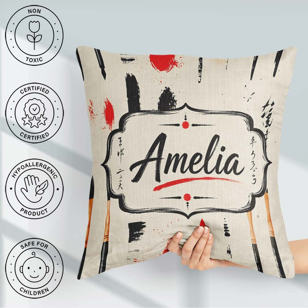 Custom Name Traditional Japanese Tools and Brush Strokes Layout Square Filled Cushion Throw Pillow Sofa Bed Home Decor Zip Washable UK Made
