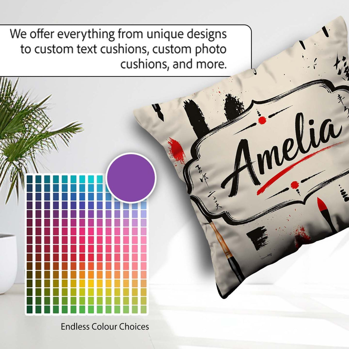 Custom Name Traditional Japanese Tools and Brush Strokes Layout Square Filled Cushion Throw Pillow Sofa Bed Home Decor Zip Washable UK Made