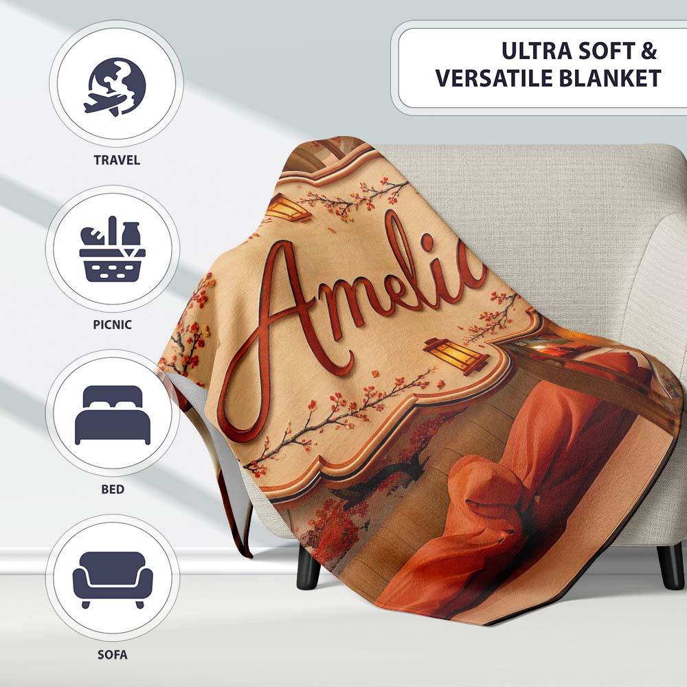 Japanese Capsule Bedroom Interior with Warm Lighting Modern Living Personalised Custom Name Super Soft Fleece Blanket Bed Sofa Throw