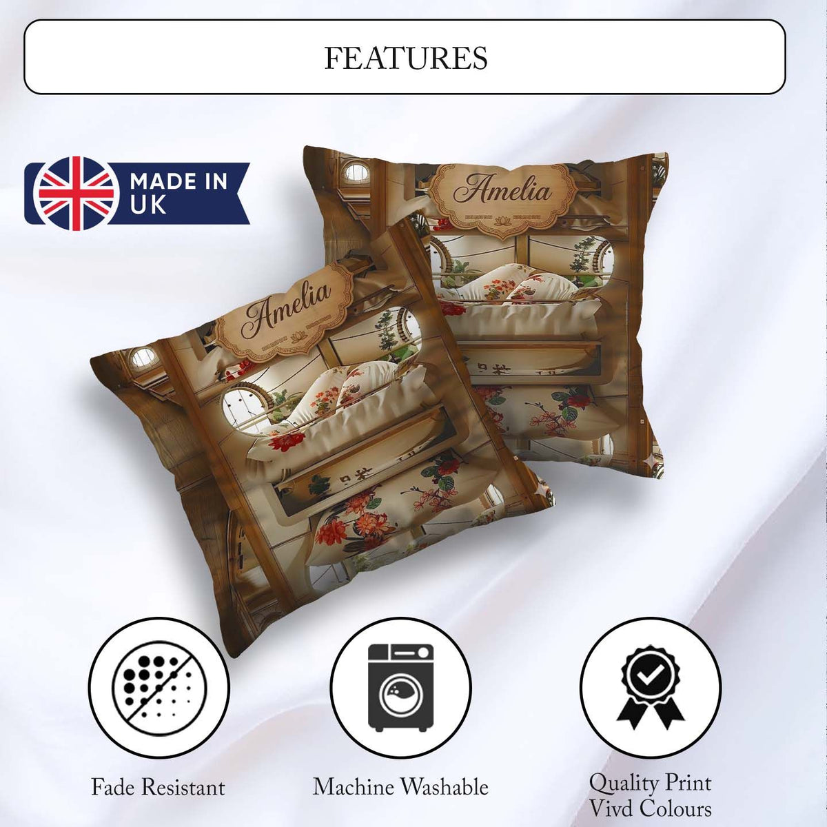 Custom Name Luxury Capsule Bed Pods with Floral Bedding and Soft Square Filled Cushion Throw Pillow Sofa Bed Home Decor Zip Washable UK Made