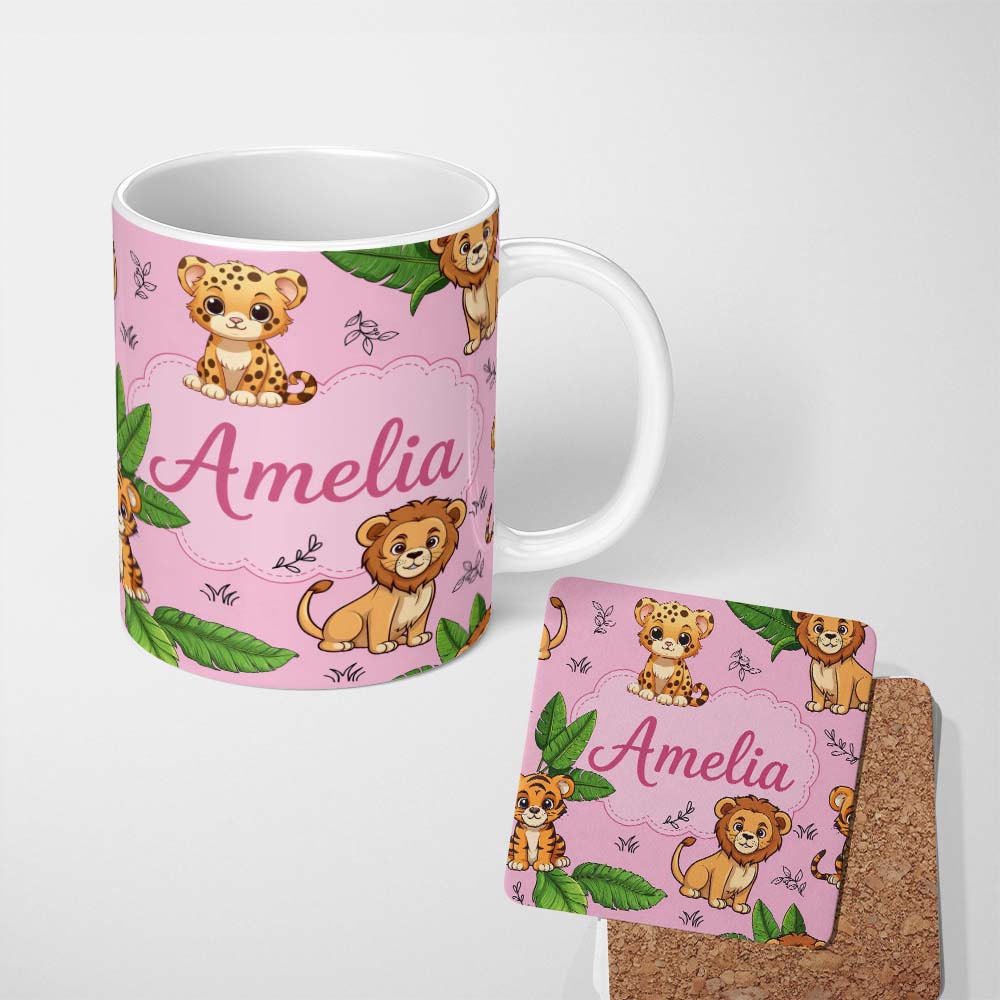 Personalized Custom Name Cute Jungle Animals Lion Tiger Leopard Pink Background Tropical 11oz Ceramic Coffee Tea Mug White Large Handle