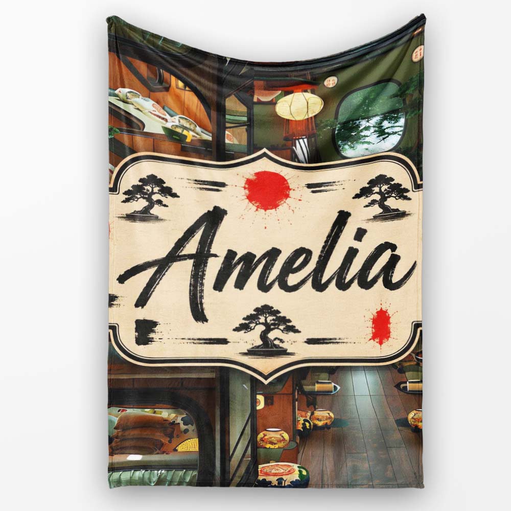 Modern Japanese Capsule Hotel Interior with Wooden Details Compact Personalised Custom Name Super Soft Fleece Blanket Bed Sofa Throw