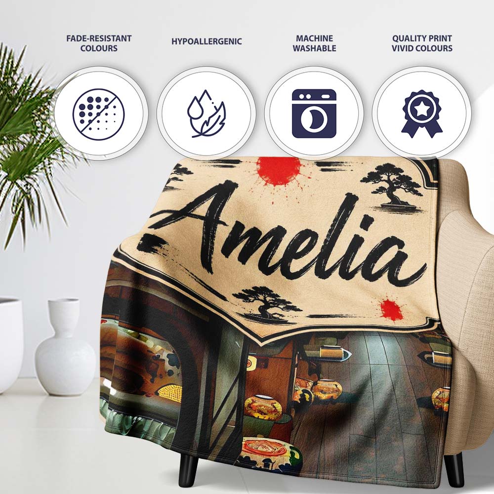 Modern Japanese Capsule Hotel Interior with Wooden Details Compact Personalised Custom Name Super Soft Fleece Blanket Bed Sofa Throw