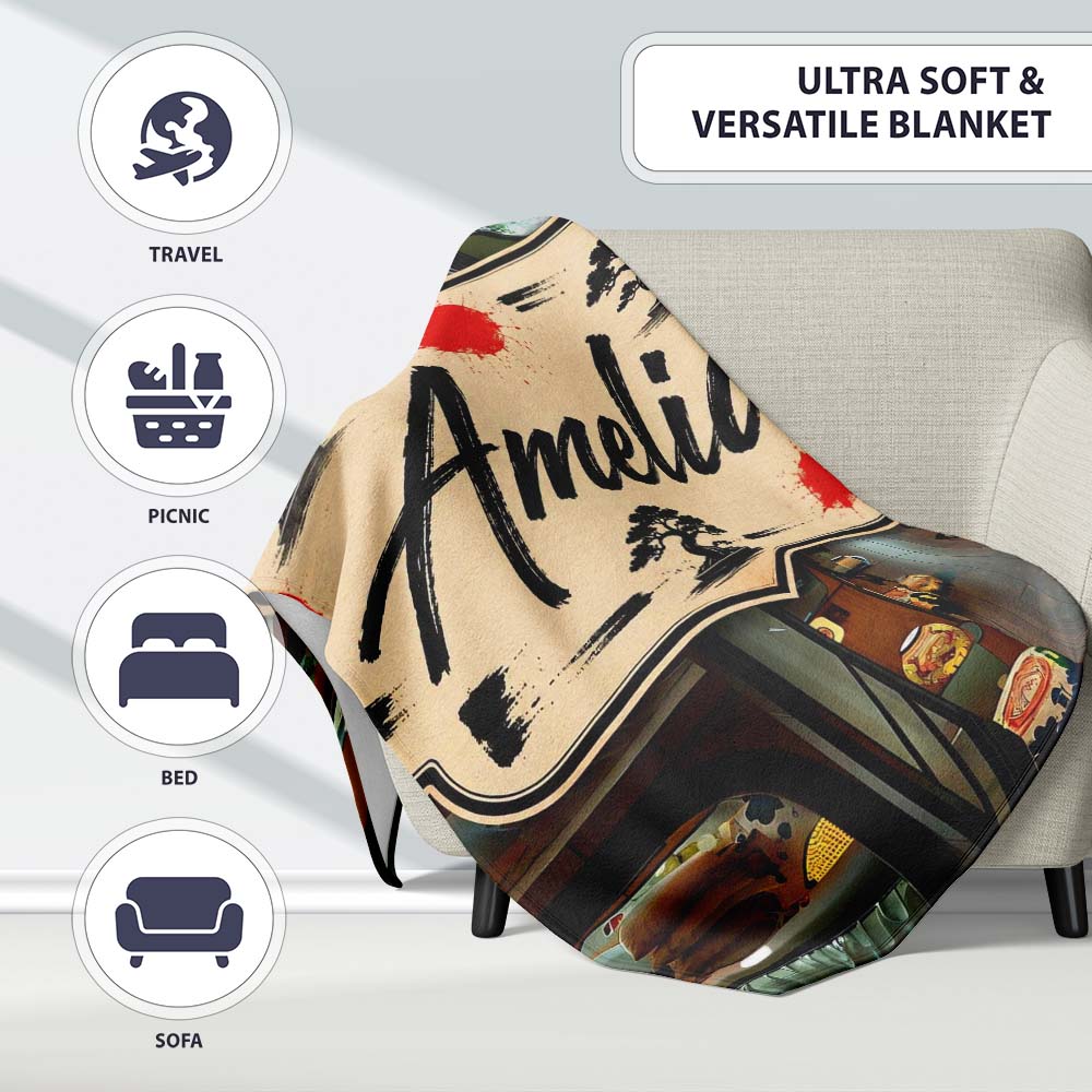 Modern Japanese Capsule Hotel Interior with Wooden Details Compact Personalised Custom Name Super Soft Fleece Blanket Bed Sofa Throw
