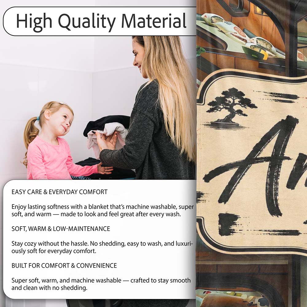 Modern Japanese Capsule Hotel Interior with Wooden Details Compact Personalised Custom Name Super Soft Fleece Blanket Bed Sofa Throw