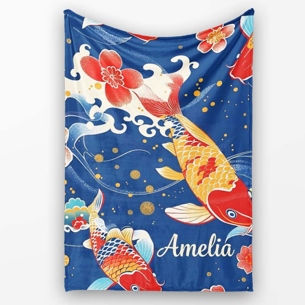 Elegant Japanese Koi Fish with Cherry Blossom Waves Traditional Personalised Custom Name Super Soft Fleece Blanket Bed Sofa Throw