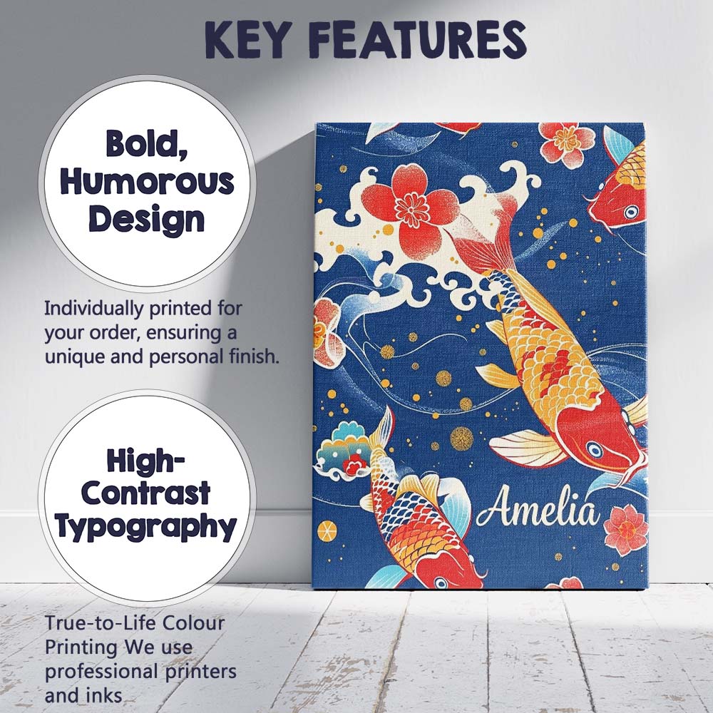 Personalised Name Elegant Japanese Koi Fish Custom Bespoke Interior Contemporary Canvas Wall Art Print Decor Picture Ready to Hang