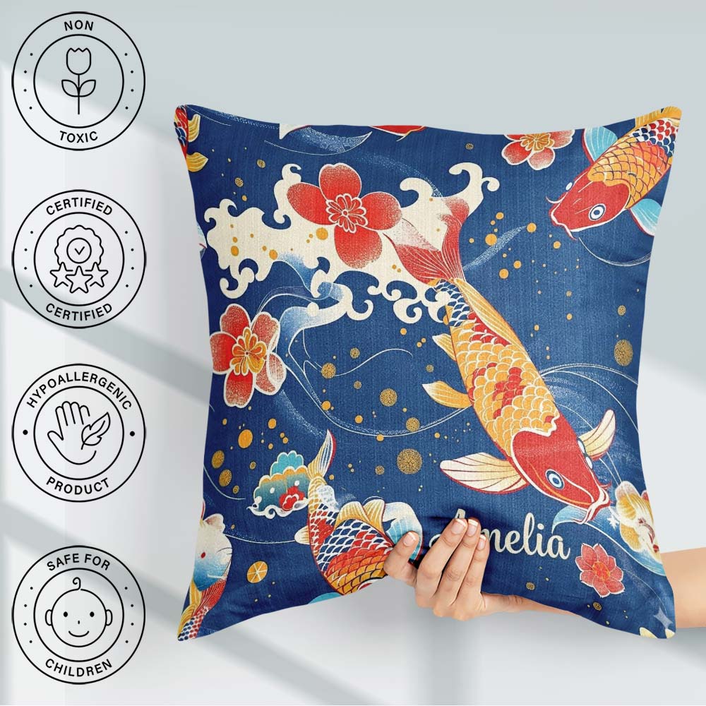 Custom Name Elegant Japanese Koi Fish with Cherry Blossom Waves Square Filled Cushion Throw Pillow Sofa Bed Home Decor Zip Washable UK Made