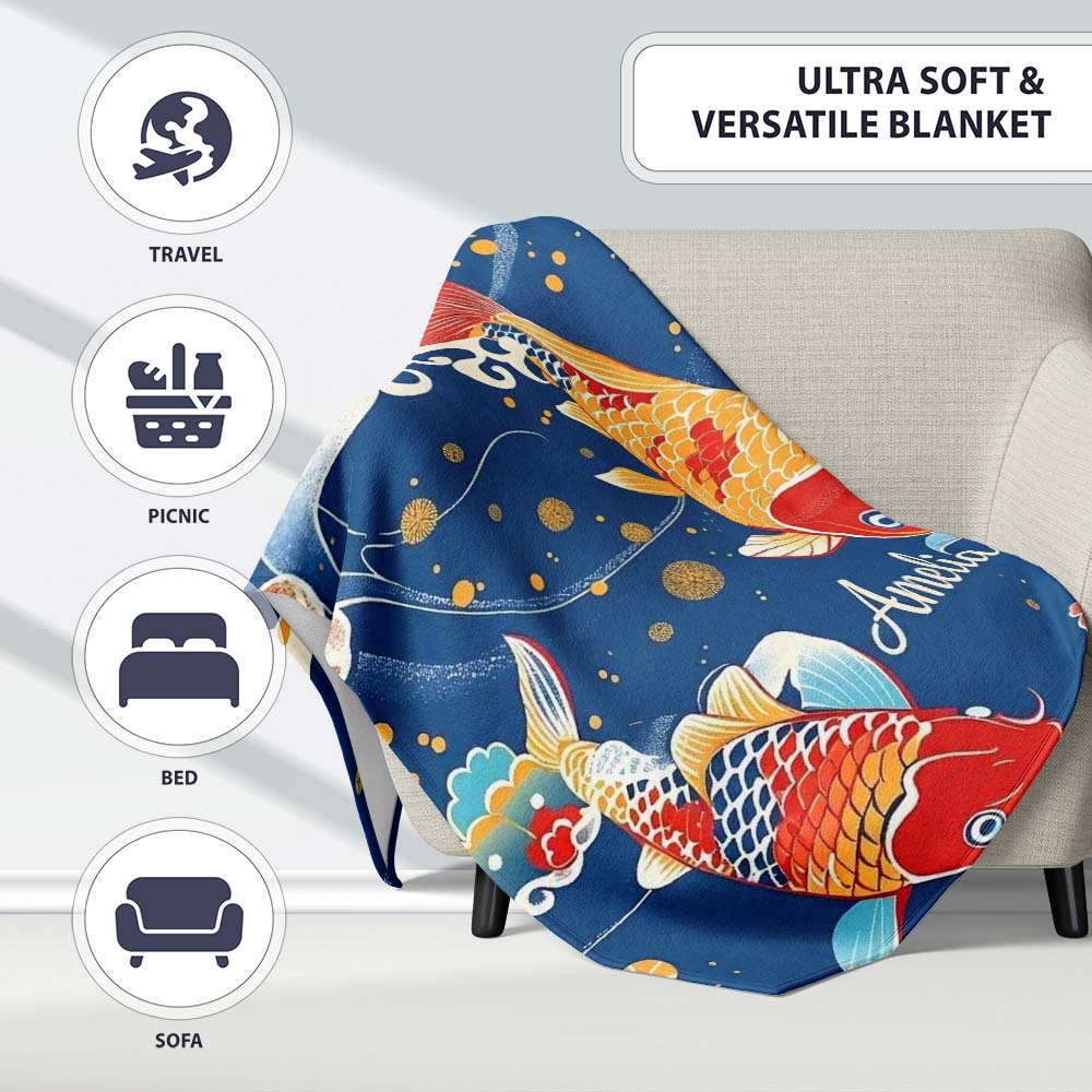 Elegant Japanese Koi Fish with Cherry Blossom Waves Traditional Personalised Custom Name Super Soft Fleece Blanket Bed Sofa Throw