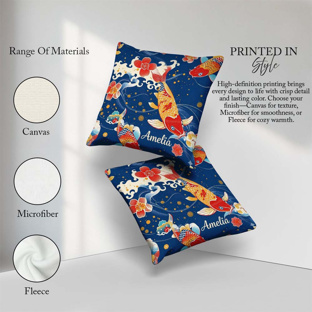Custom Name Elegant Japanese Koi Fish with Cherry Blossom Waves Square Filled Cushion Throw Pillow Sofa Bed Home Decor Zip Washable UK Made