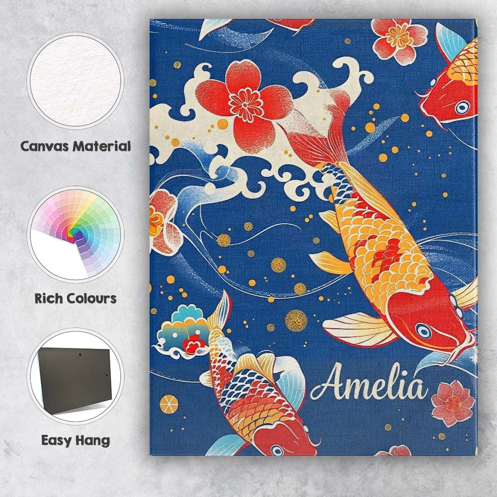 Personalised Name Elegant Japanese Koi Fish Custom Bespoke Interior Contemporary Canvas Wall Art Print Decor Picture Ready to Hang