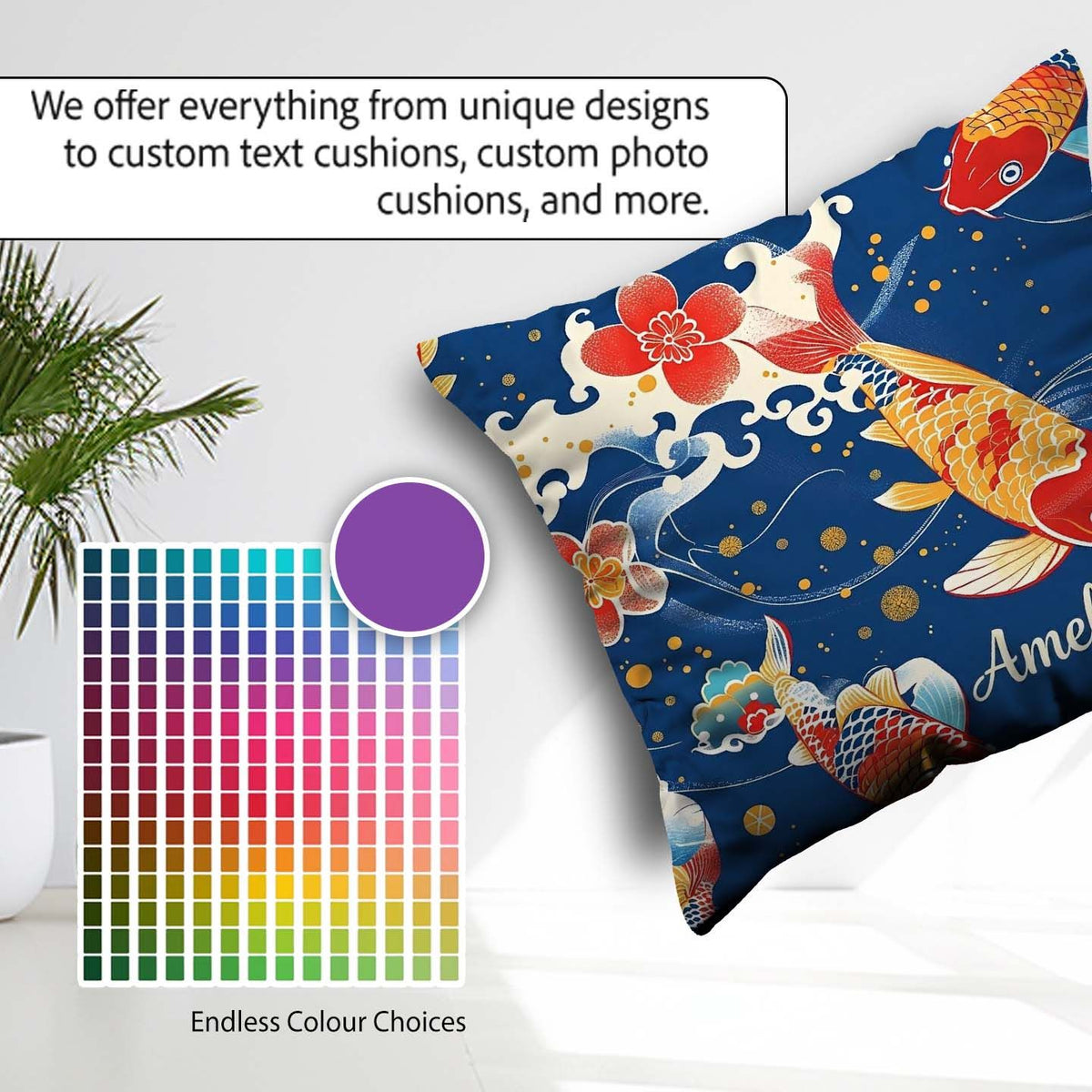 Custom Name Elegant Japanese Koi Fish with Cherry Blossom Waves Square Filled Cushion Throw Pillow Sofa Bed Home Decor Zip Washable UK Made