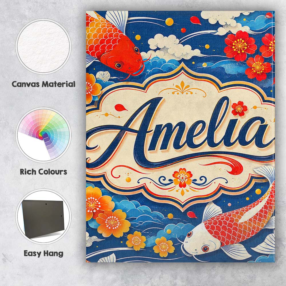 Personalised Name Colorful Koi Fish with Custom Unique Gift Idea Elegant Feature Canvas Wall Art Print Decor Picture Ready to Hang