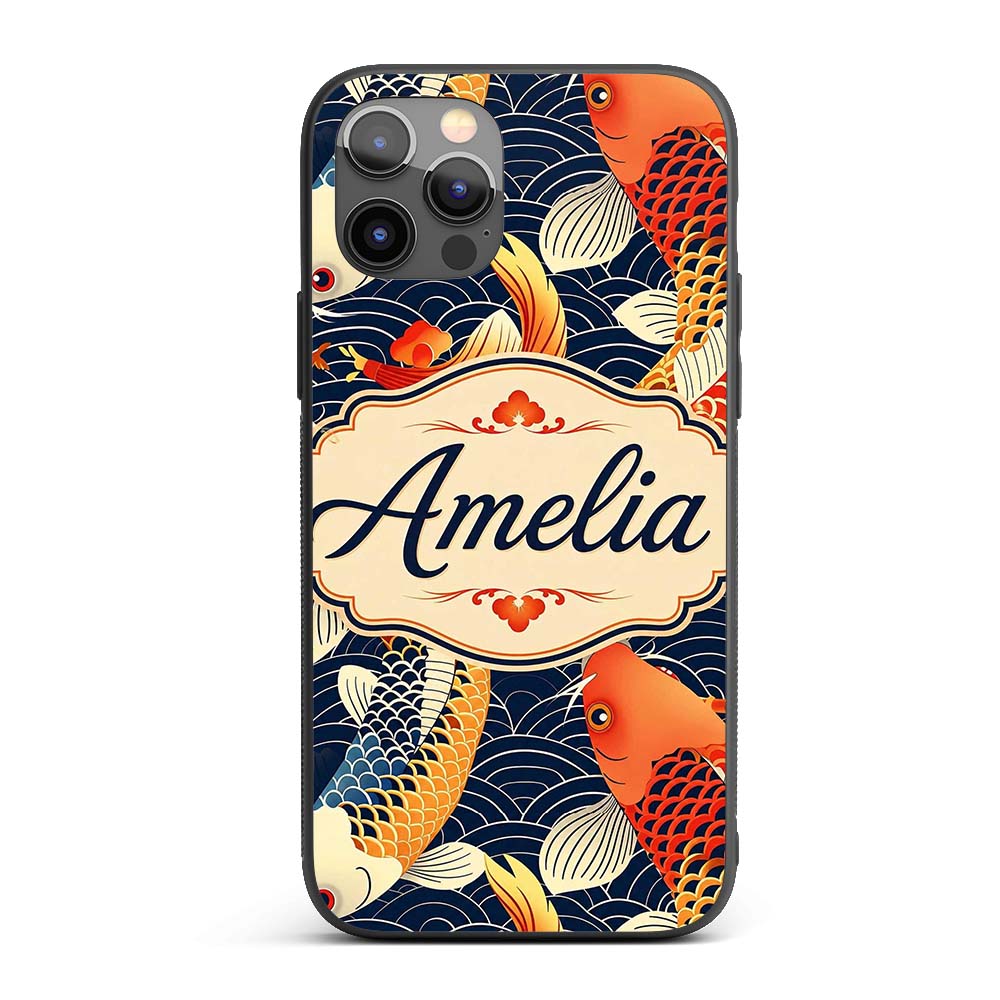 Decorative Koi Fish with Geometric Printed Design Custom Name Protective Phone Case Mobile Cover Durable Everyday Smartphone Shock Resistant