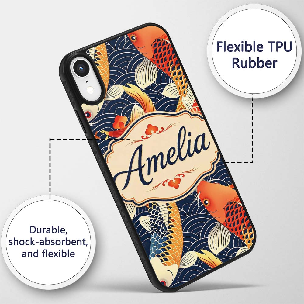 Decorative Koi Fish with Geometric Printed Design Custom Name Protective Phone Case Mobile Cover Durable Everyday Smartphone Shock Resistant