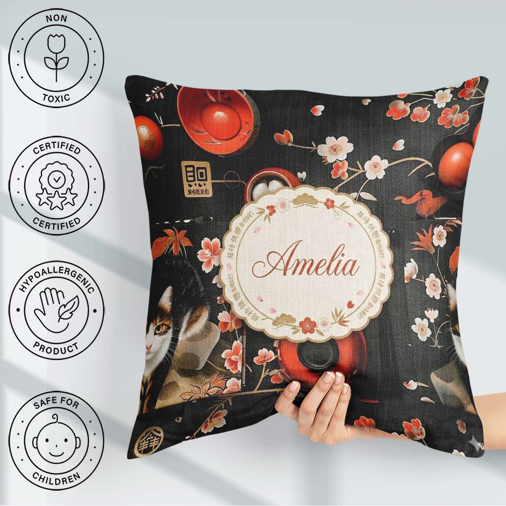 Custom Name Japanese Dining with Cherry Blossoms and Traditional Square Filled Cushion Throw Pillow Sofa Bed Home Decor Zip Washable UK Made