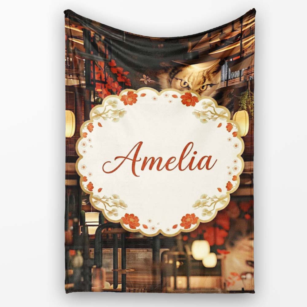 Artistic Cat with Red Flowers in Japanese Style Interior Decorative Personalised Custom Name Super Soft Fleece Blanket Bed Sofa Throw