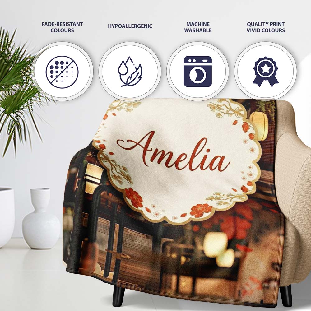 Artistic Cat with Red Flowers in Japanese Style Interior Decorative Personalised Custom Name Super Soft Fleece Blanket Bed Sofa Throw