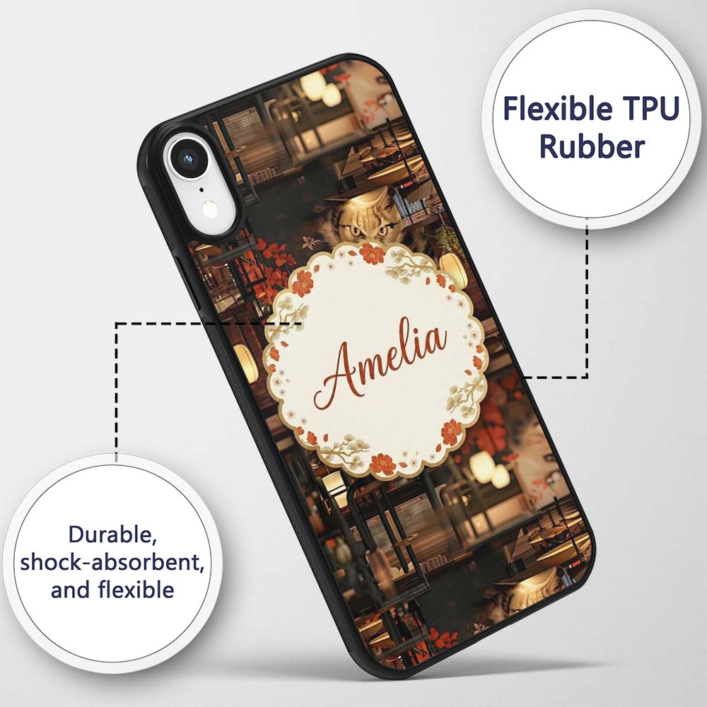 Artistic Cat with Red Flowers in Japanese Style Custom Name Protective Phone Case Mobile Cover Durable Everyday Smartphone Shock Resistant