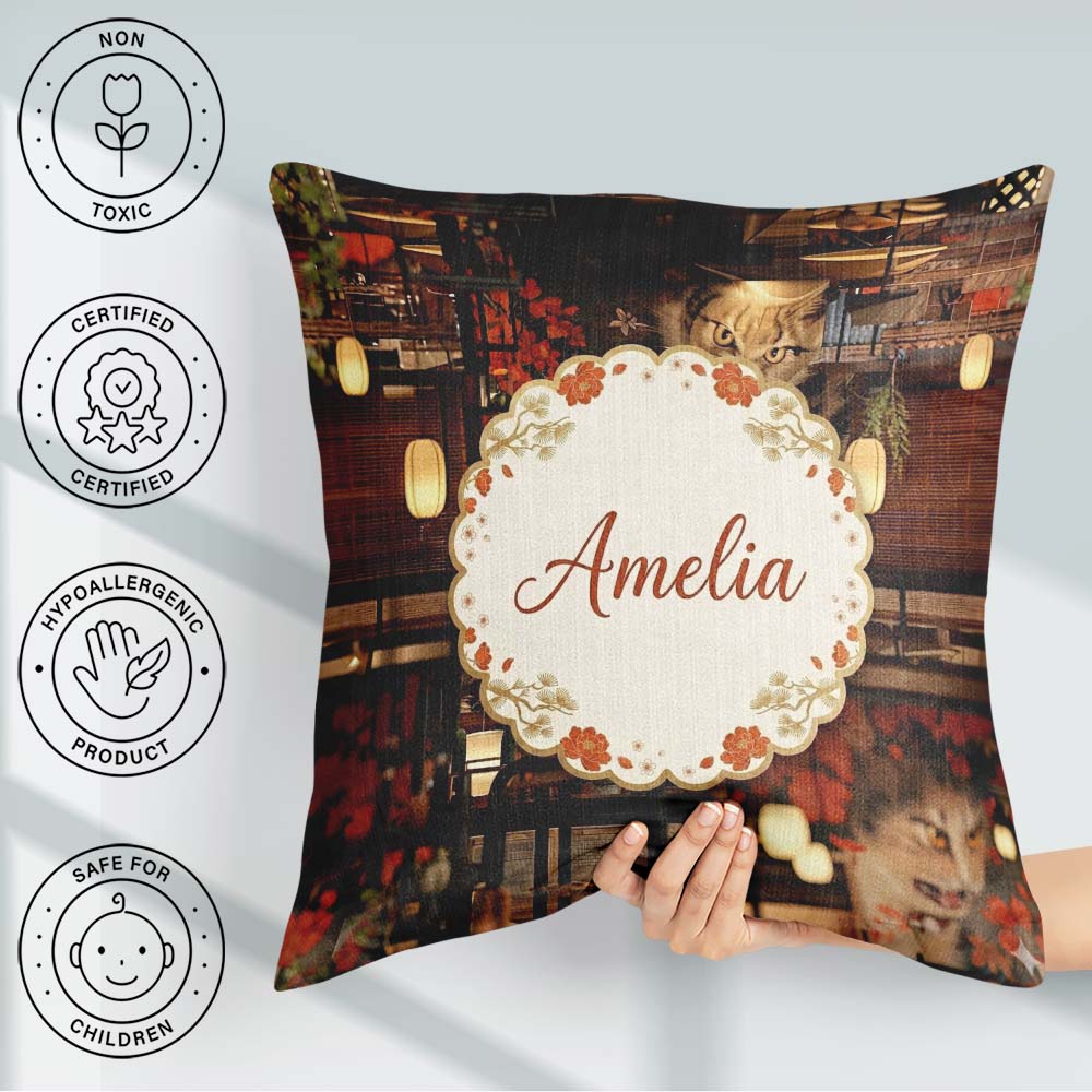 Custom Name Artistic Cat with Flowers in Japanese Style Interior Square Filled Cushion Throw Pillow Sofa Bed Home Decor Zip Washable UK Made