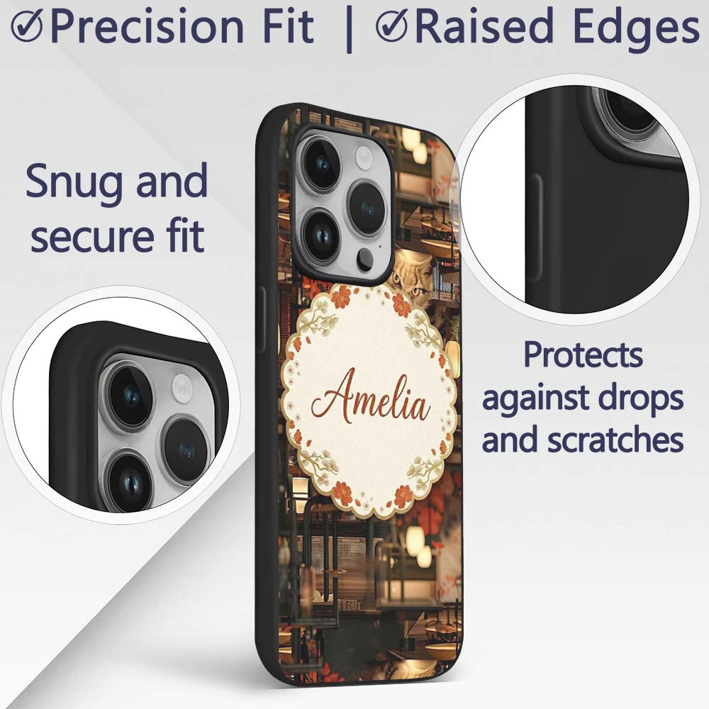 Artistic Cat with Red Flowers in Japanese Style Custom Name Protective Phone Case Mobile Cover Durable Everyday Smartphone Shock Resistant