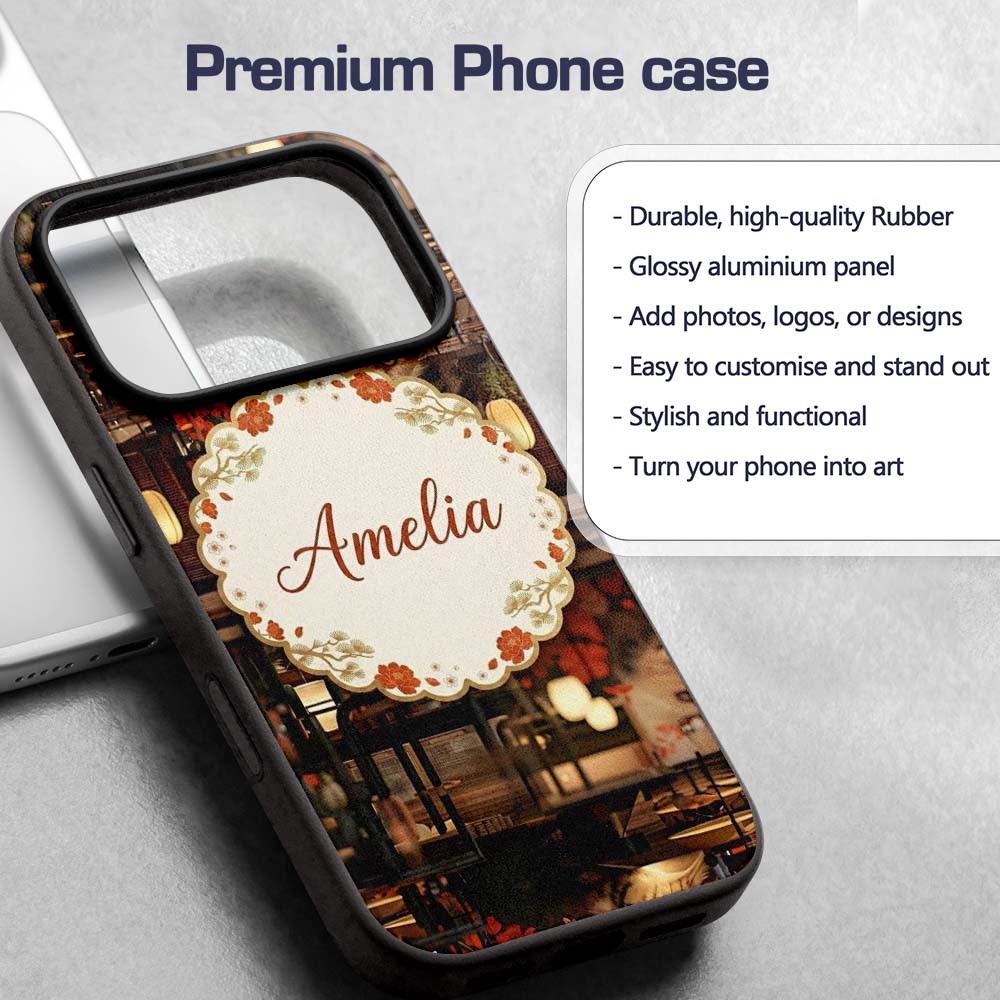 Artistic Cat with Red Flowers in Japanese Style Custom Name Protective Phone Case Mobile Cover Durable Everyday Smartphone Shock Resistant