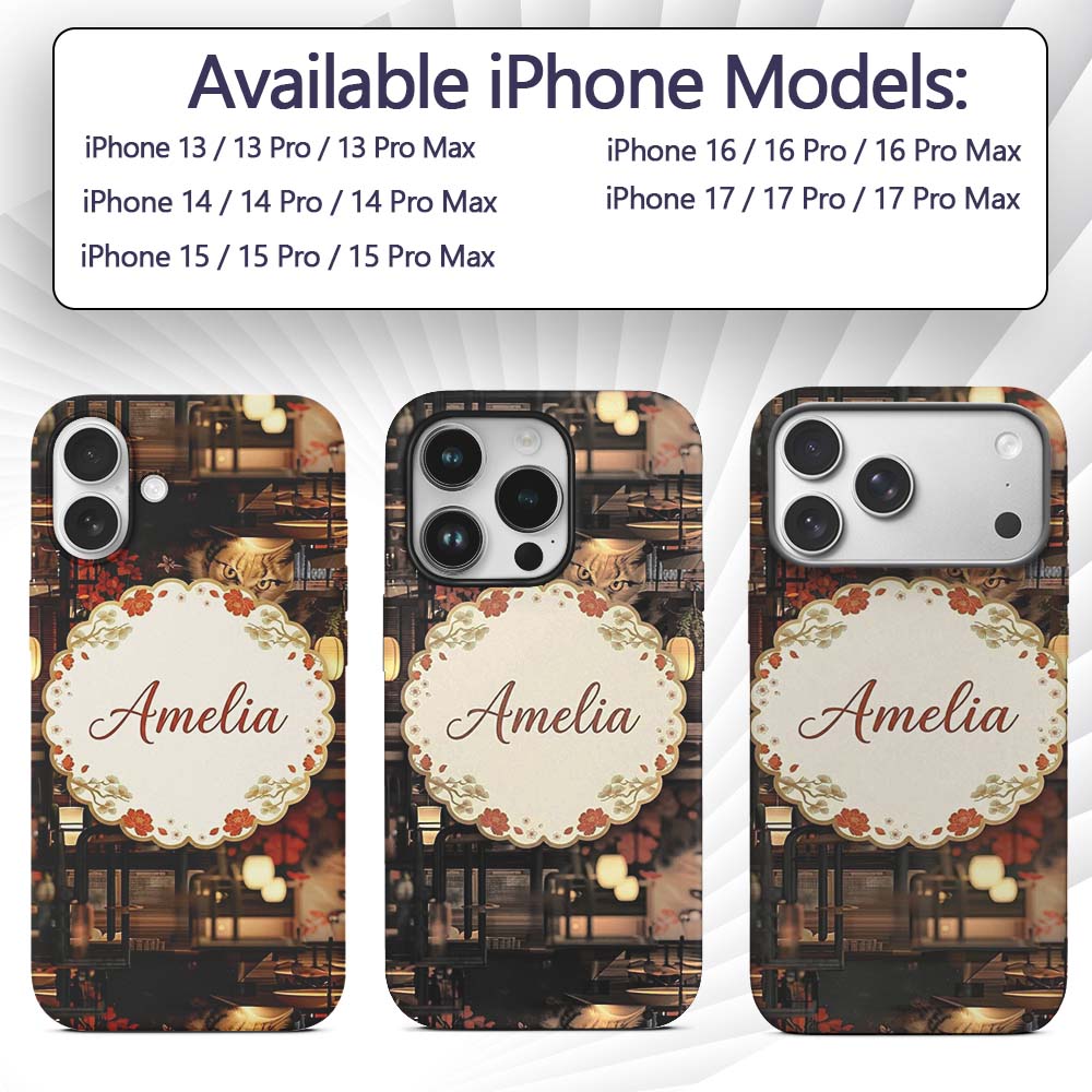 Artistic Cat with Red Flowers in Japanese Style Custom Name Protective Phone Case Mobile Cover Durable Everyday Smartphone Shock Resistant