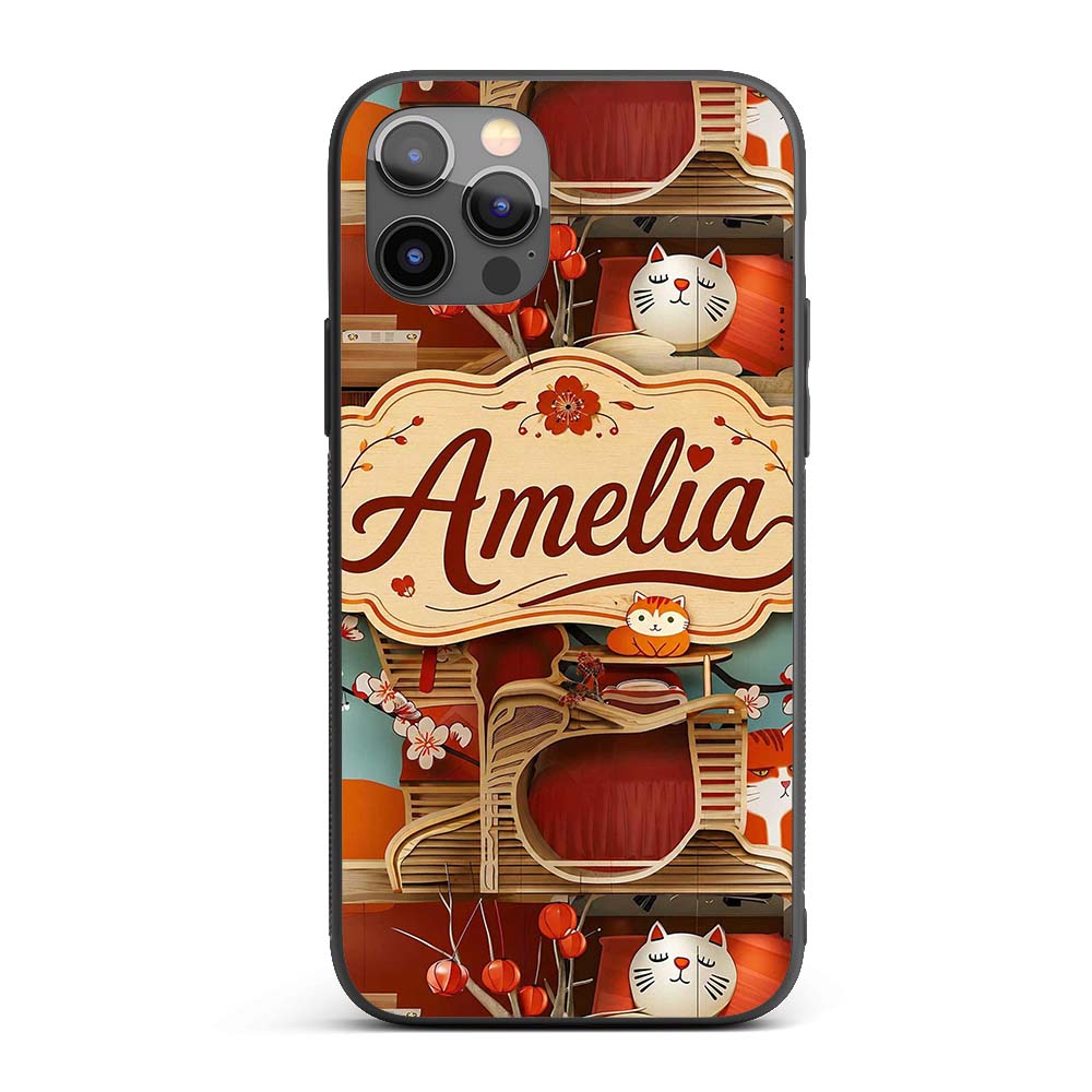 Cute Cartoon Cats with Cherry Printed Design Custom Name Protective Phone Case Mobile Cover Durable Everyday Smartphone Shock Resistant