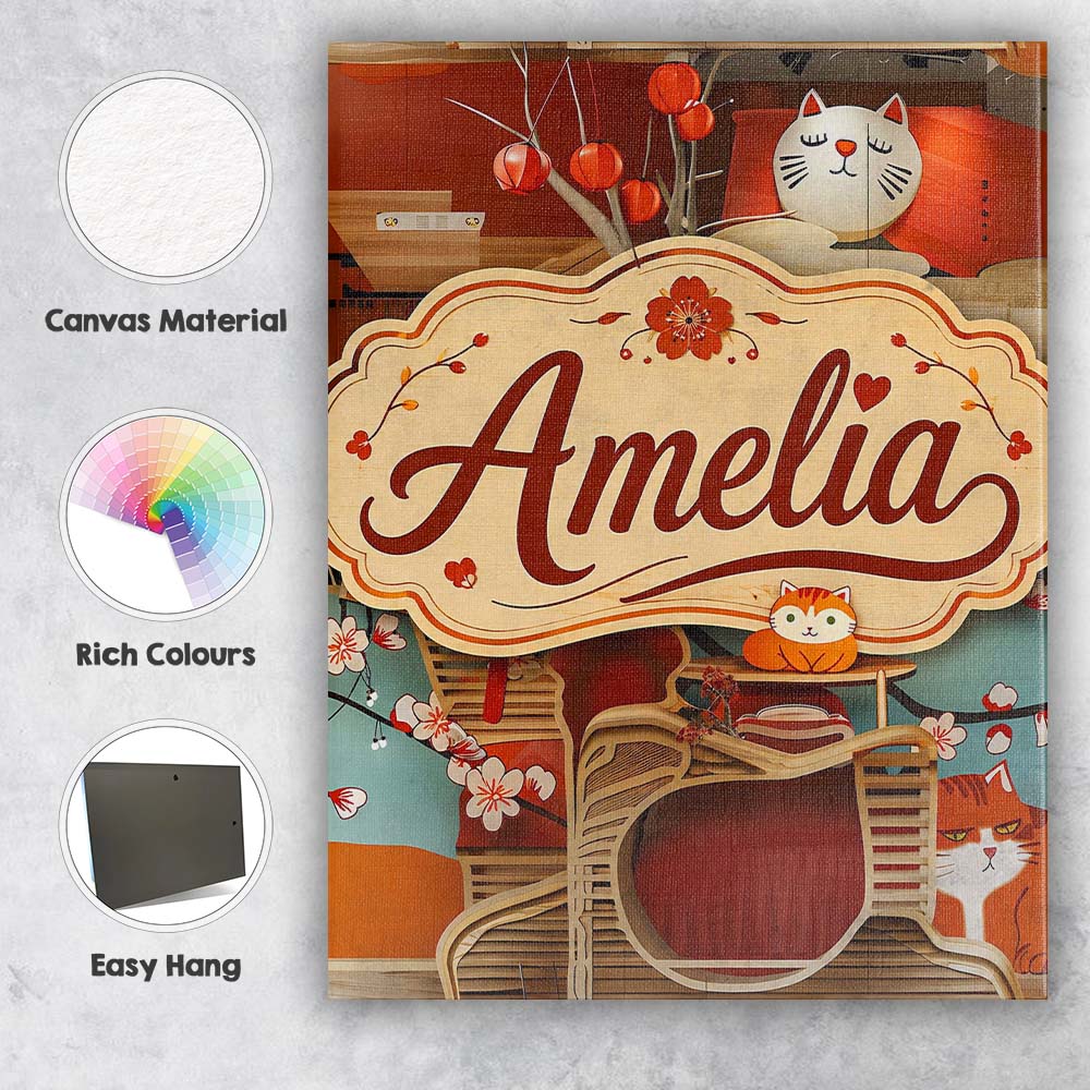 Personalised Name Cute Cartoon Cats with Custom Unique Gift Idea Elegant Feature Canvas Wall Art Print Decor Picture Ready to Hang