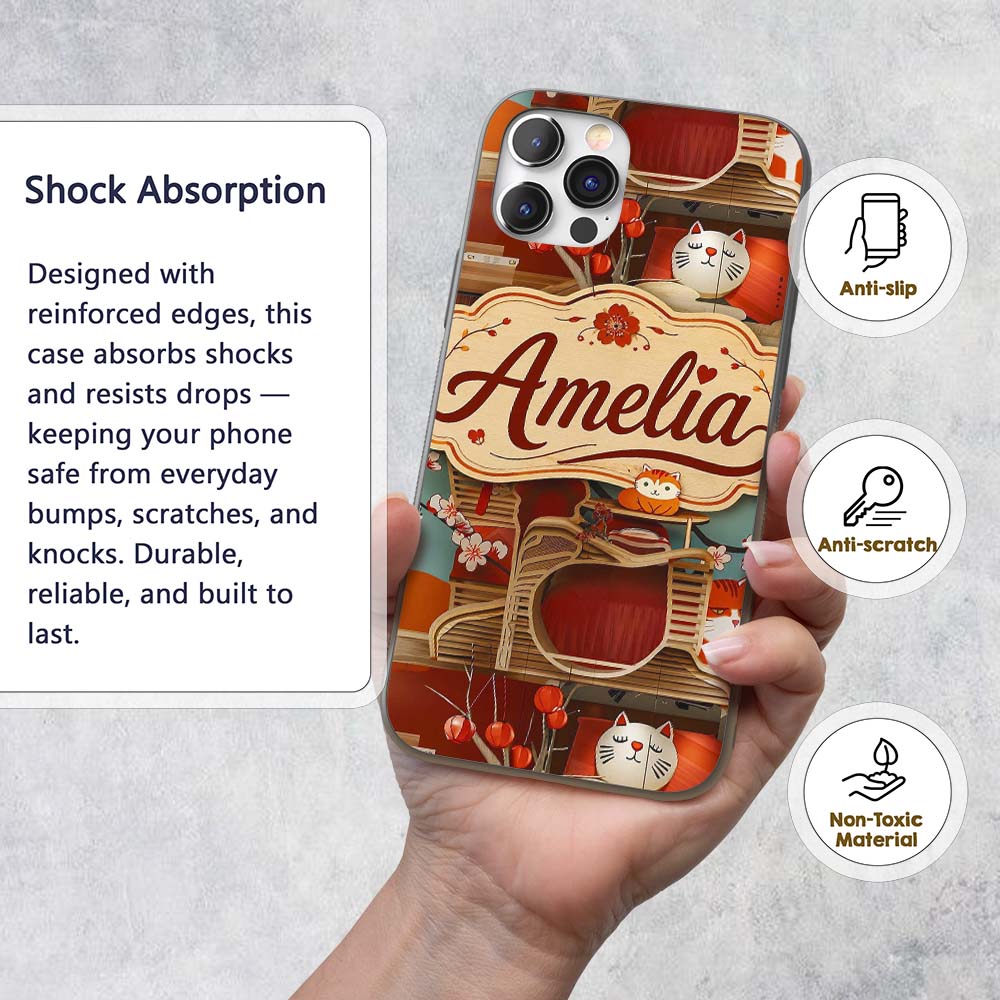Cute Cartoon Cats with Cherry Printed Design Custom Name Protective Phone Case Mobile Cover Durable Everyday Smartphone Shock Resistant