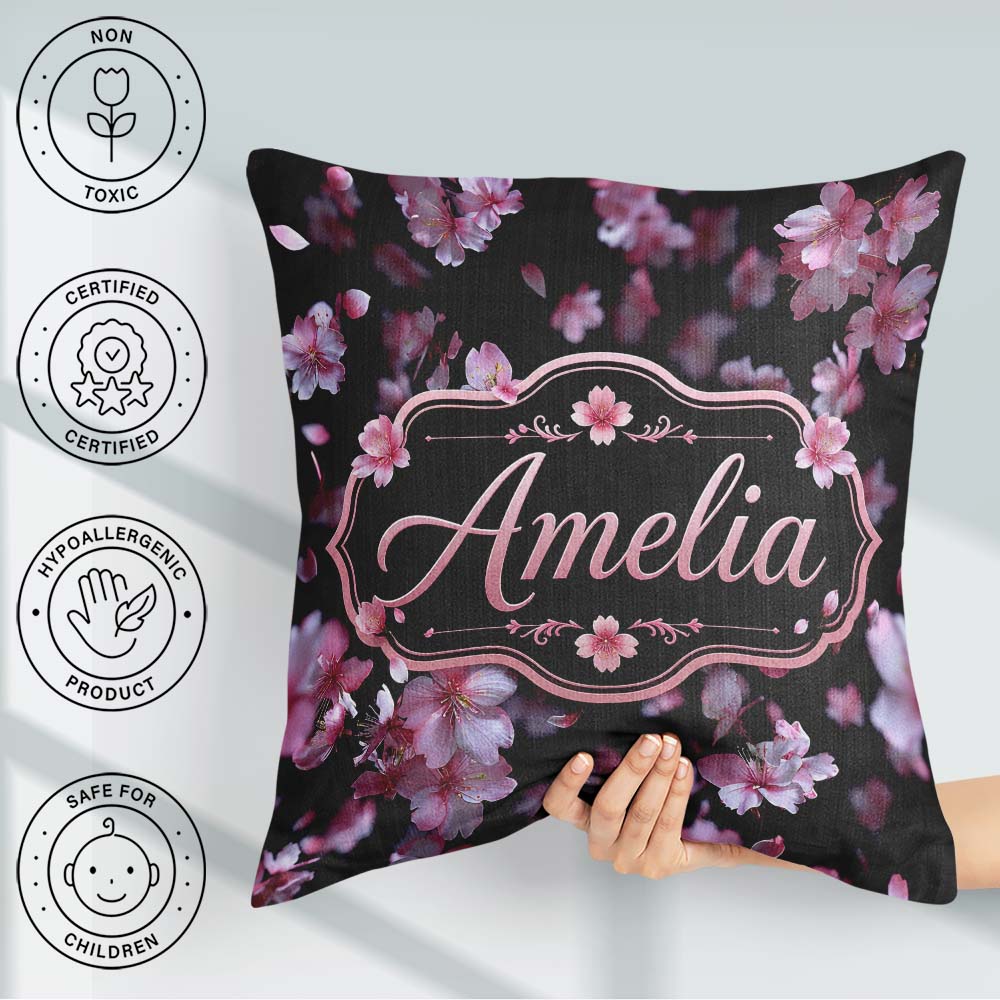 Custom Name Soft Pink Blossom Flowers on Dark Background Elegant Square Filled Cushion Throw Pillow Sofa Bed Home Decor Zip Washable UK Made