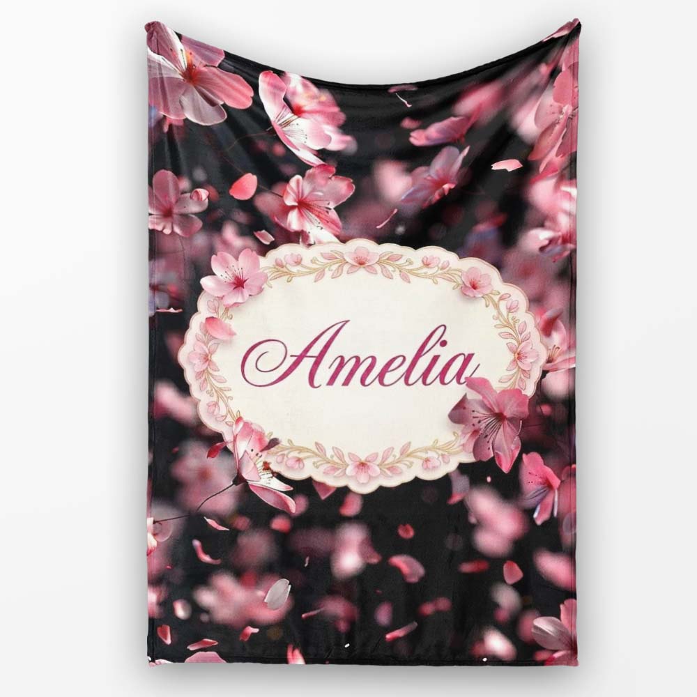Delicate Sakura Blossoms on Dark Background Pattern Elegant Japanese Personalised Custom Name Super Soft Fleece Blanket Bed Sofa Throw