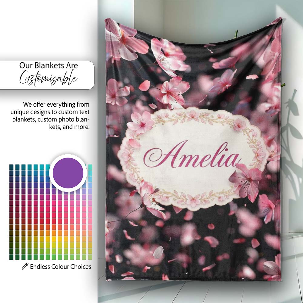 Delicate Sakura Blossoms on Dark Background Pattern Elegant Japanese Personalised Custom Name Super Soft Fleece Blanket Bed Sofa Throw