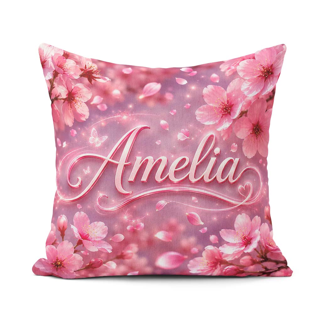 Custom Name Dreamy Pink Cherry Blossom Branches with Soft Gentle Square Filled Cushion Throw Pillow Sofa Bed Home Decor Zip Washable UK Made