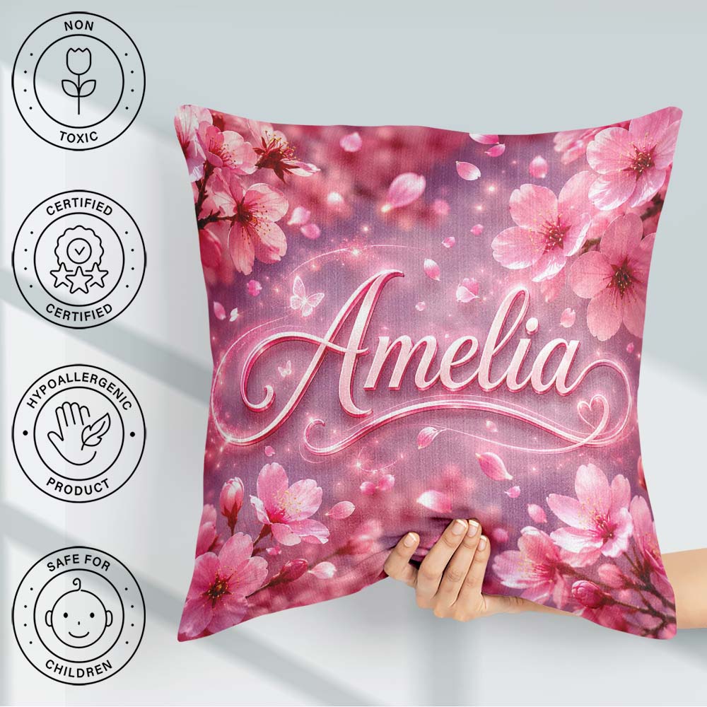 Custom Name Dreamy Pink Cherry Blossom Branches with Soft Gentle Square Filled Cushion Throw Pillow Sofa Bed Home Decor Zip Washable UK Made